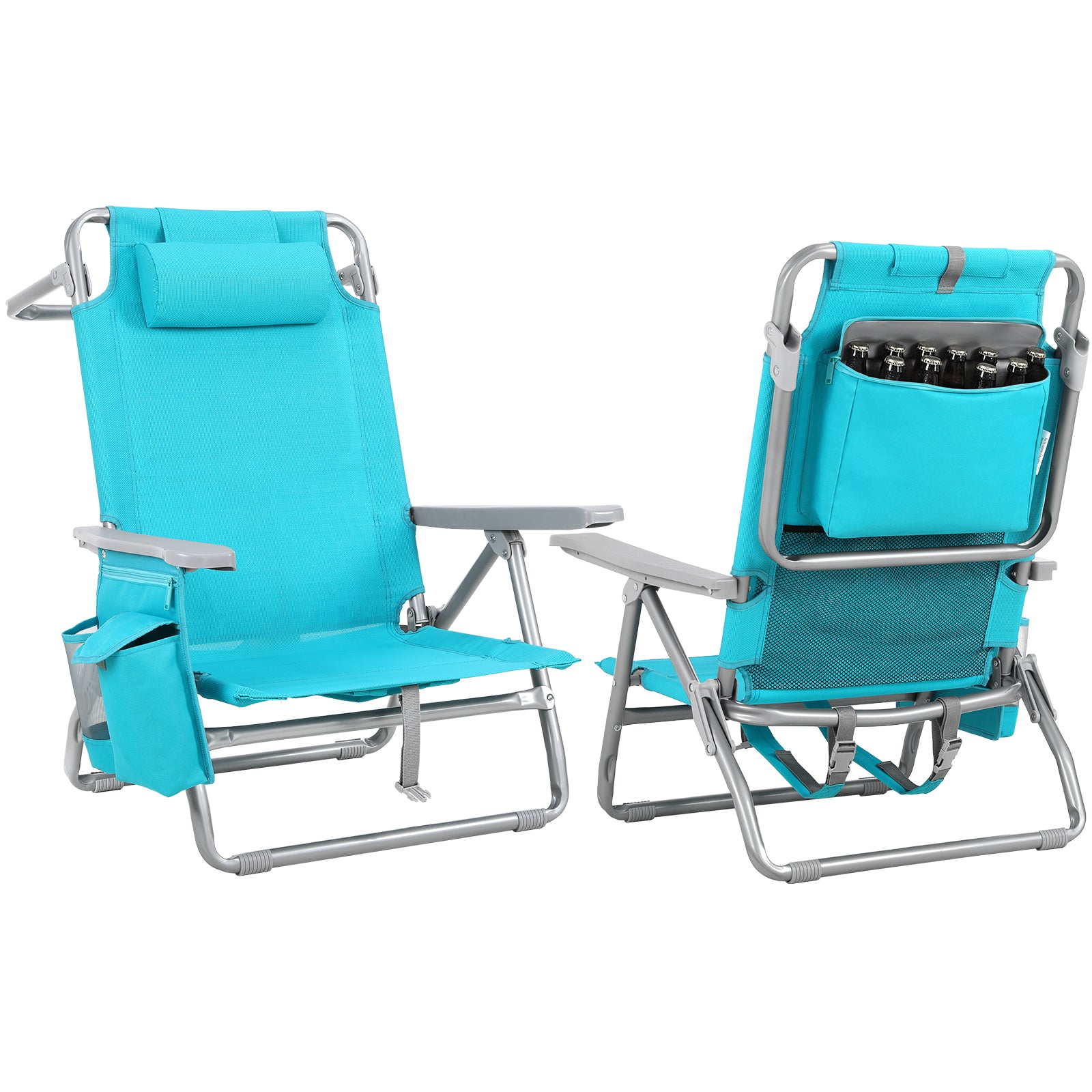 TLSUNNY Backpack Beach Chair Set of 1/2, Outdoor 5-Level Adjustable Folding Chair, w/ Cup Holder, Headrest, Storage Bag, Cooler Pouch, for Camping