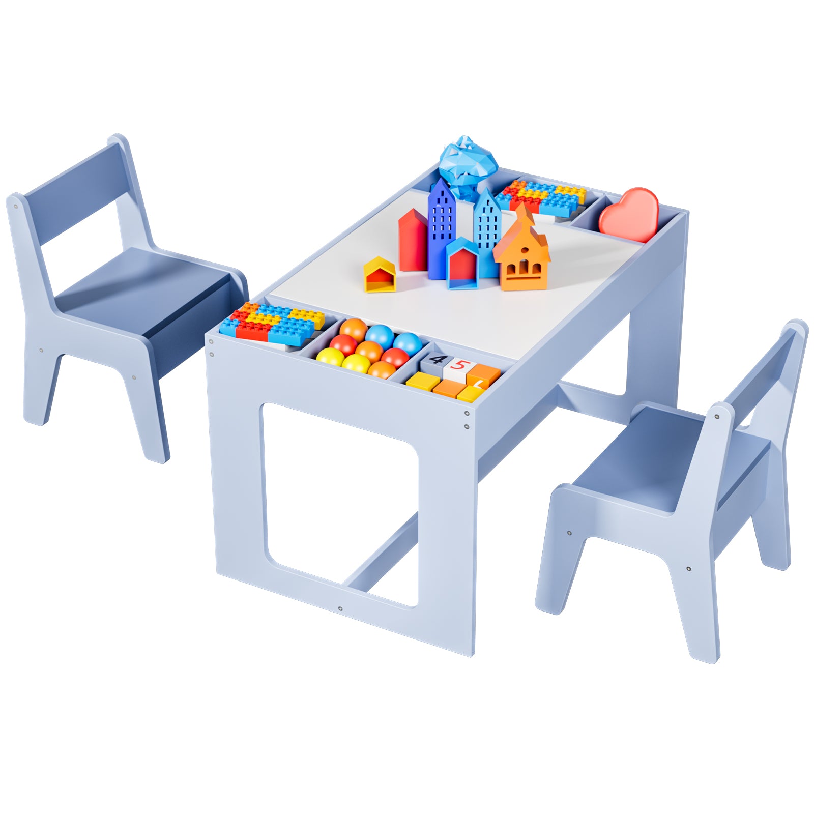 TLSUNNY Kids Table and Chairs Set with Storage, Children's Wooden Drawing Table, w/ Reversible Top & Chalkboard, for Home, Playroom, Nursery