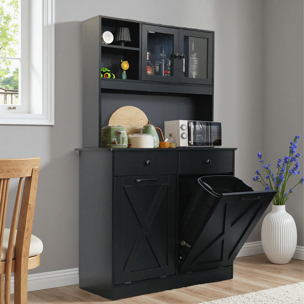 TLSUNNY Double Tilt-Out Trash Cabinet, Freestanding Hidden Garbage Storage w/ Drawers & Shelves for Kitchen/Laundry Room