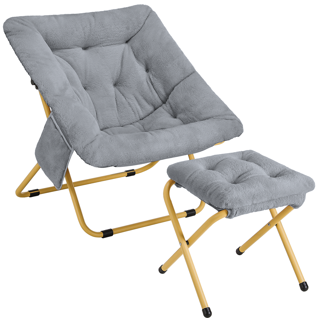 TLSUNNY Foldable Lazy Chair/Foldable Saucer Chair with Ottoman, Comfy Saucer Chair, Soft Faux Fur Reading Lounge Chair, for Living Room, Bedroom, Dorms, Teens Adults