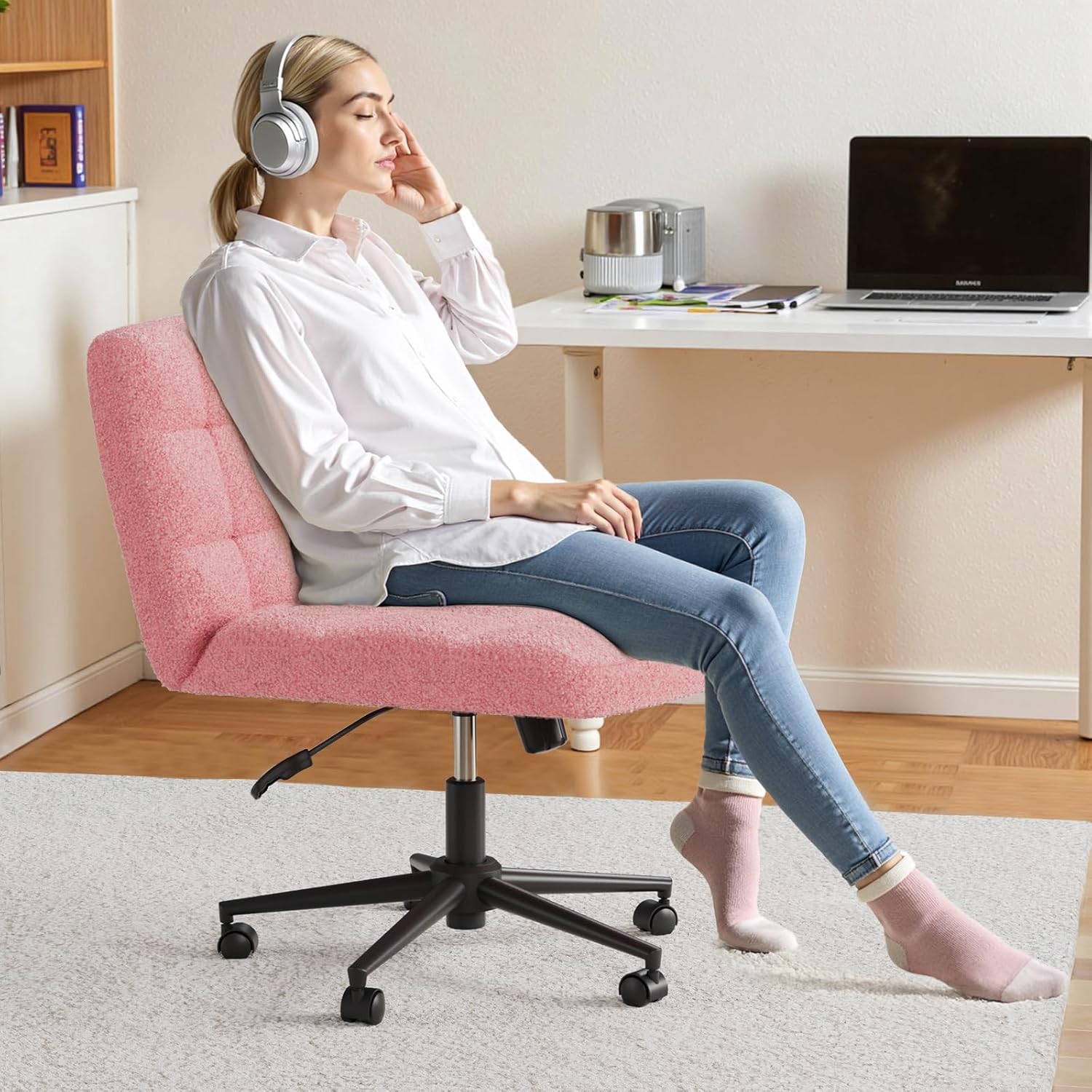 TLSUNNY 360° Swivel Height Adjustable Armless Chair, w/ Wheels and Comfy Wide Cushion, Criss Cross Office Chair, for Home/Bedroom