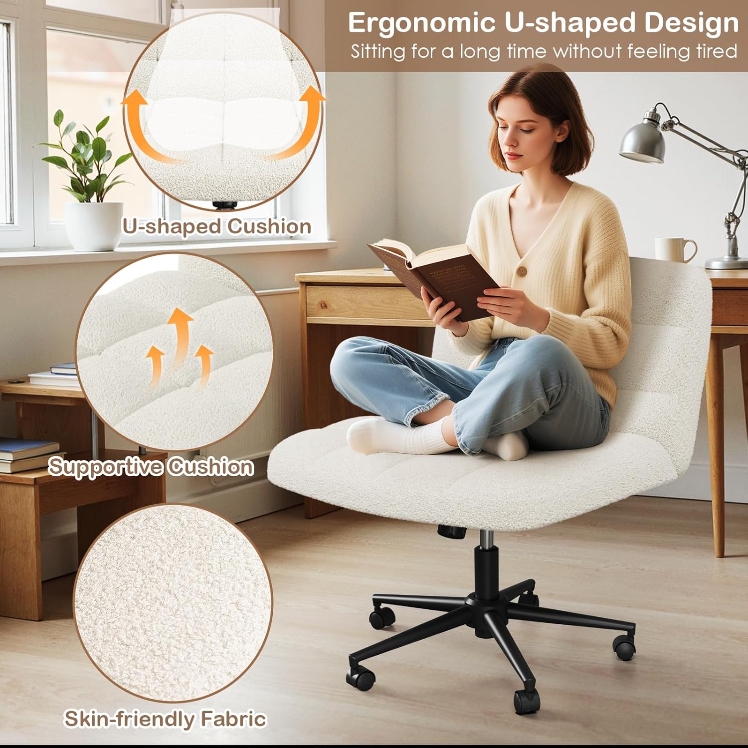 TLSUNNY 360° Swivel Height Adjustable Armless Chair, w/ Wheels and Comfy Wide Cushion, Criss Cross Office Chair, for Home/Bedroom