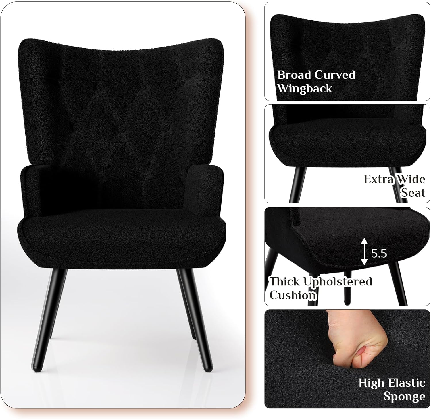 TLSUNNY Accent Chair, Comfy Upholstered Armchair with Metal Legs, High Backrest Living Room Chair, Wingback Chair Mid Century Modern for Living Room/Vanity/Bedroom