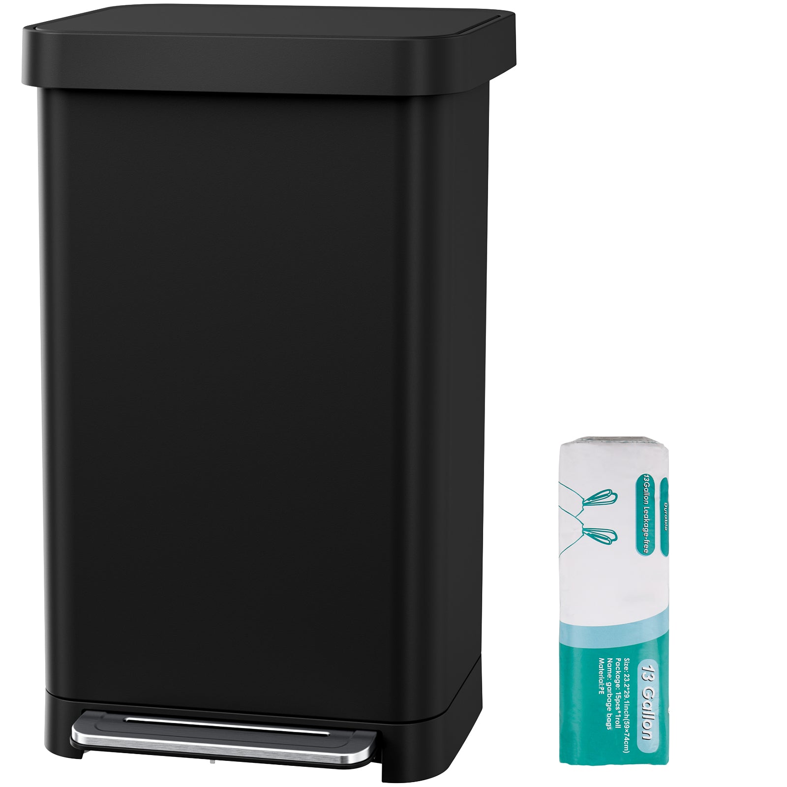 TLSUNNY 13.2 Gal Stainless Steel Trash Can, with 15 Trash Bags & Odor Control, Step-on Pedal Bin with Soft-Close Lid, No Inner Bucket, for Kitchen/Office