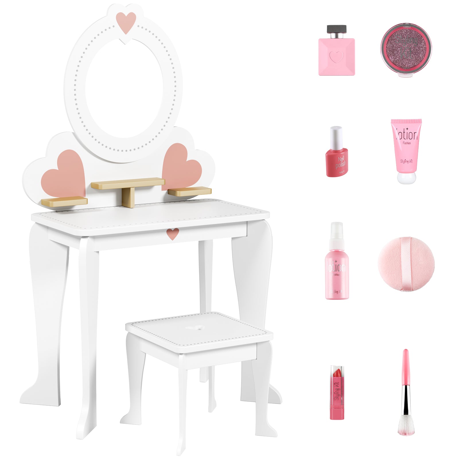 TLSUNNY Kids Princess Vanity Set, Make Up Table and Stool Play Set for Girls, Toddler Wooden Makeup Toys with 8 Pcs Accessories for Pretend Play