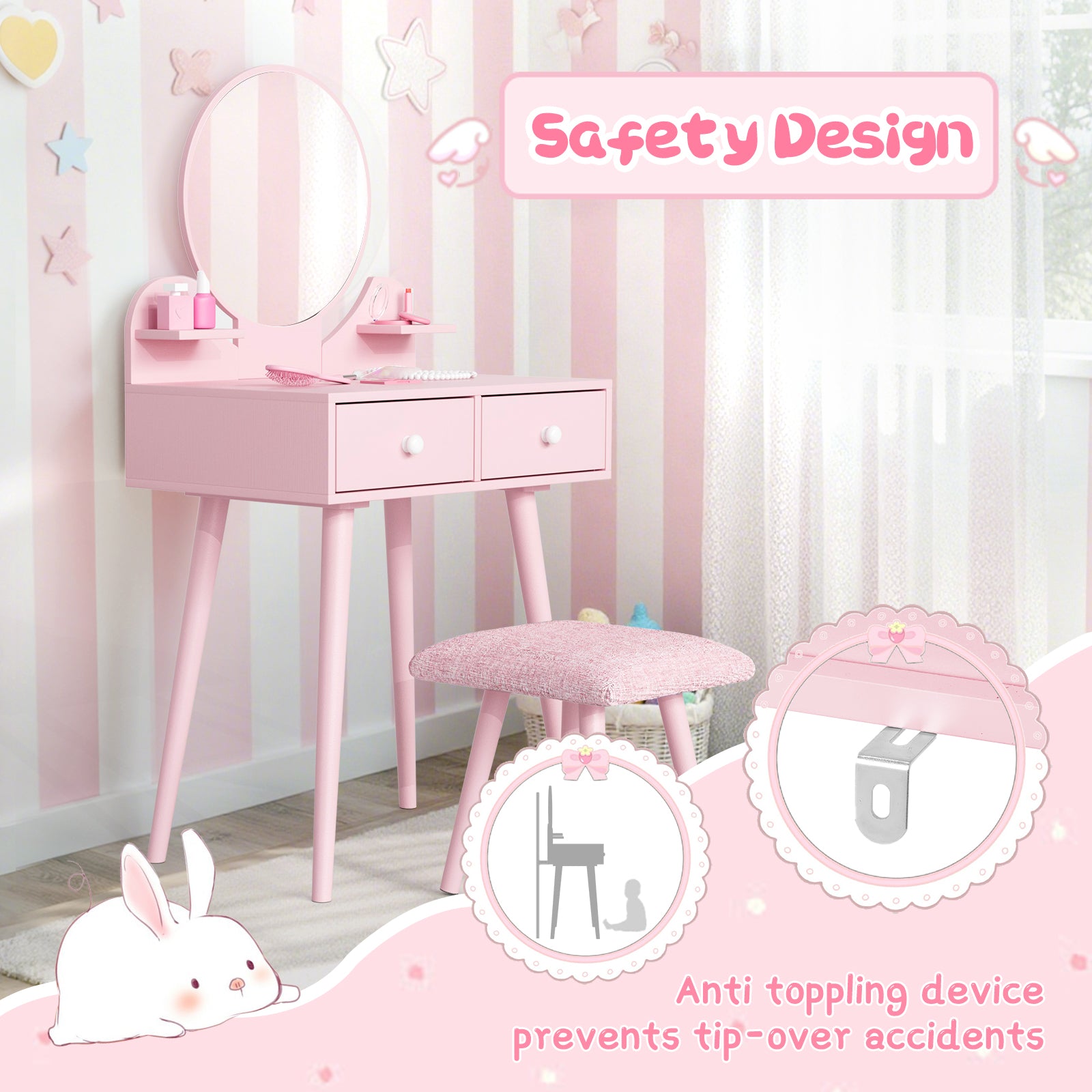 TLSUNNY Kids Princess Vanity Set, Toddlers Wooden Makeup Table & Stool with Drawer, Mirror, Detachable Top, for Little Girls