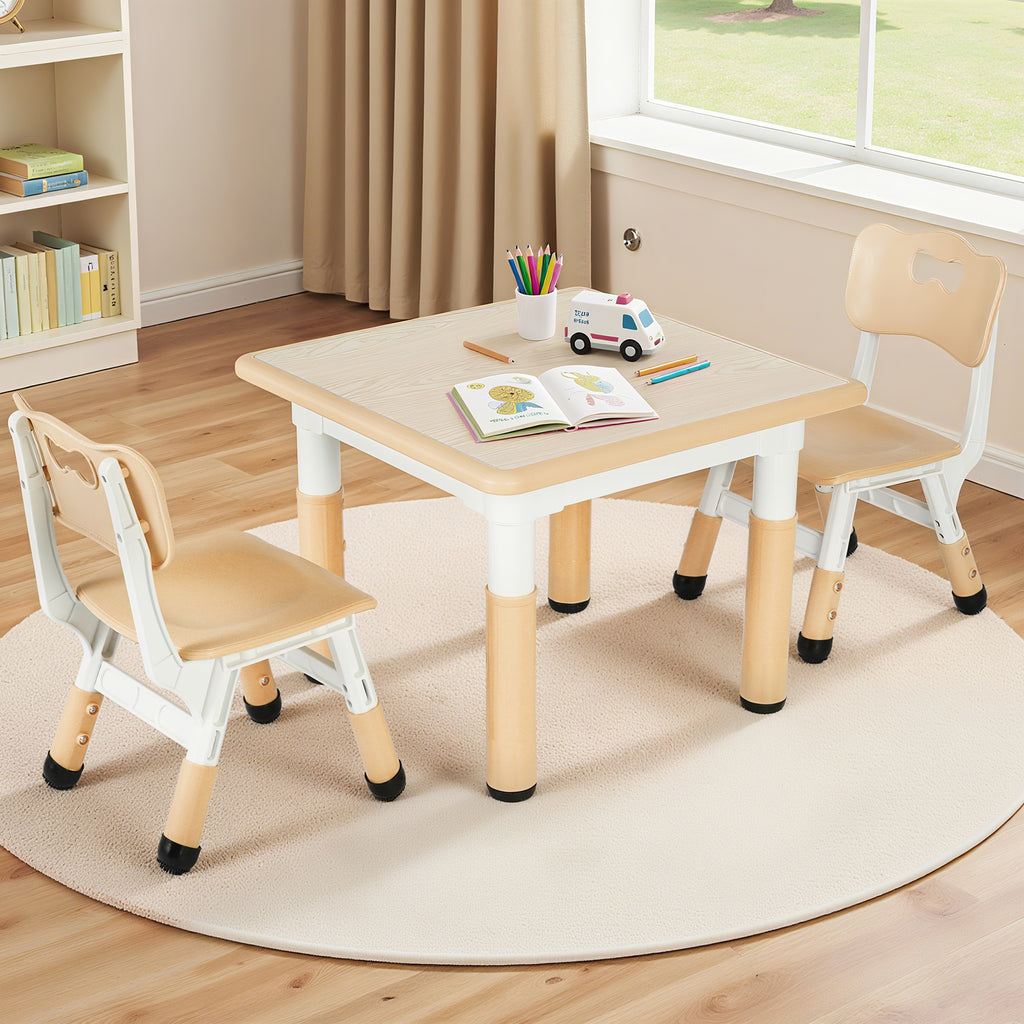 TLSUNNY Kids Table and 2 Chairs Set, Height Adjustable Toddler Play Activity Table Set with Graffiti Desktop, for Playroom, Daycare