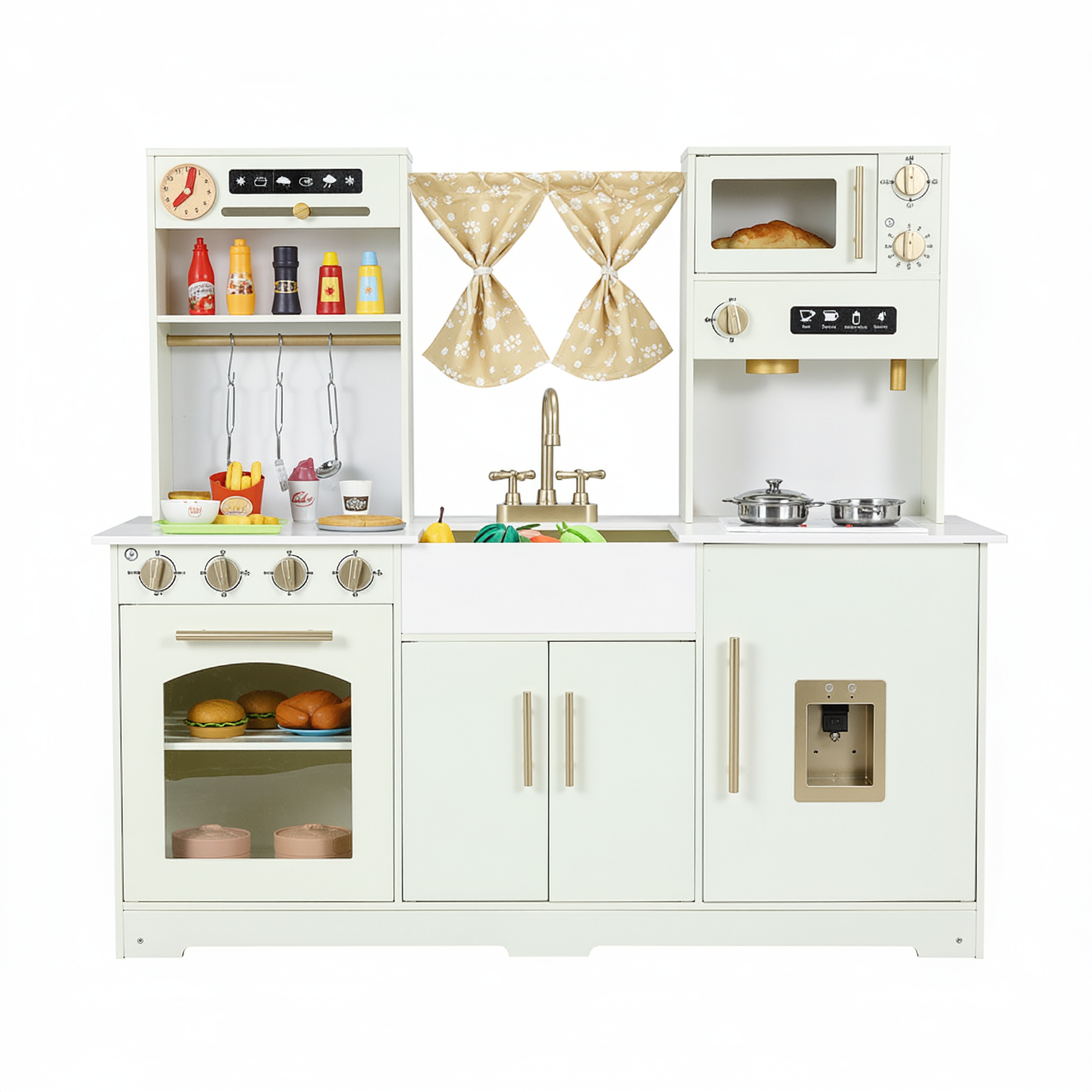 TLSUNNY Kids Play Kitchen with Realistic Lights & Sounds, Wooden Toy Pretend Play Kitchen Set w/ Sink, Faucet, Microwave, Curtain for Ages 3+