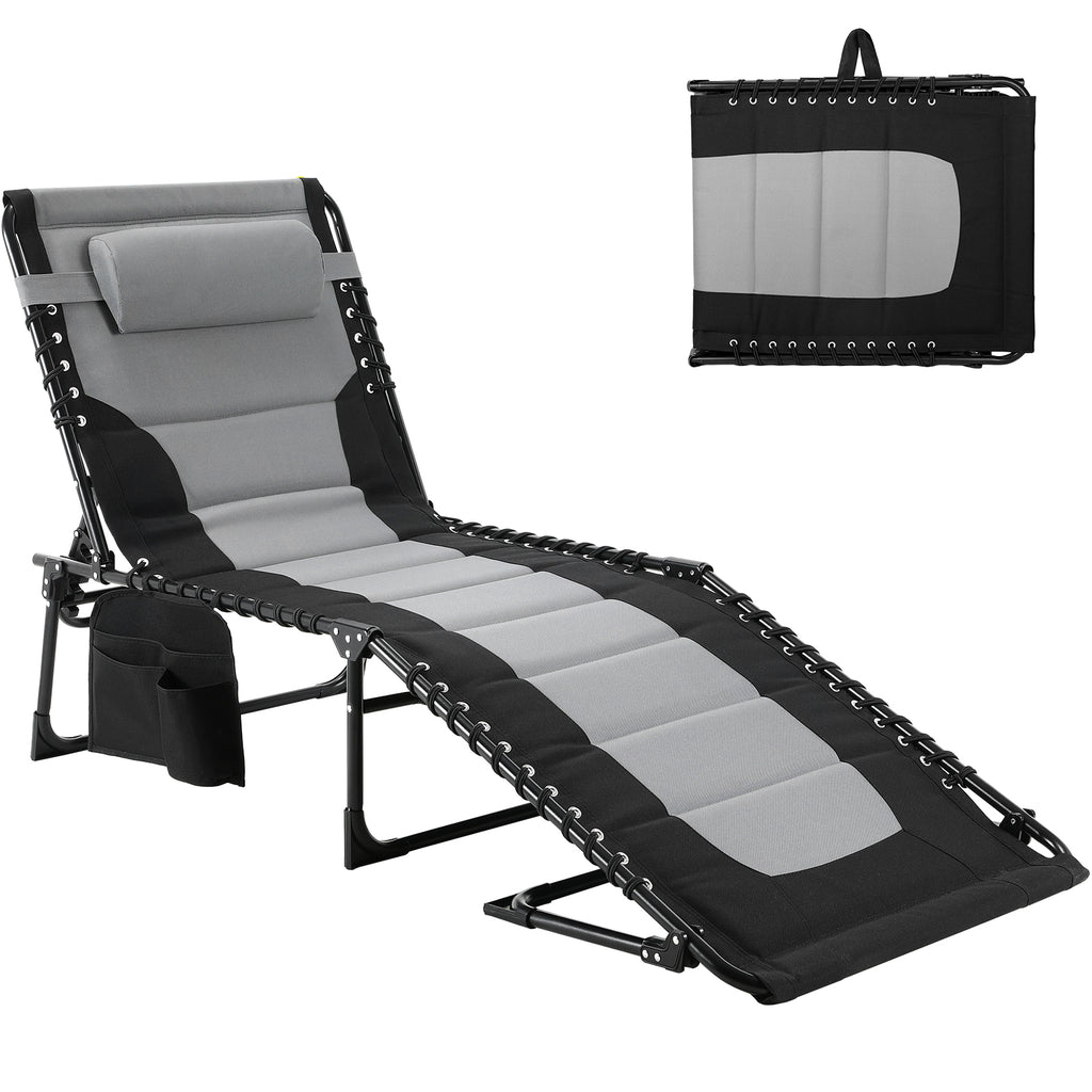 TLSUNNY Outdoor Folding Lounge Chair, Portable Adjustable Back & Leg Chaise Lounges with Pillow, Side Pocket, Carrying Handle, for Patio, Office