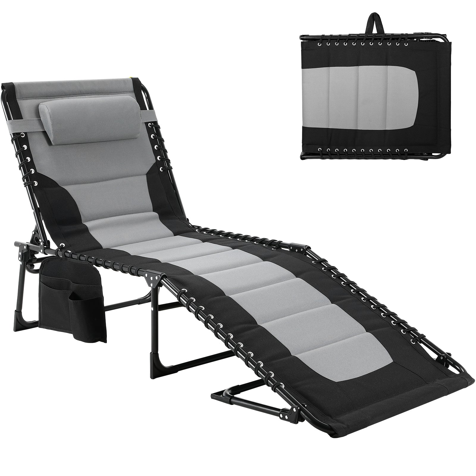 TLSUNNY Outdoor Folding Lounge Chair, Portable Adjustable Back & Leg Chaise Lounges with Pillow, Side Pocket, Carrying Handle, for Patio, Office