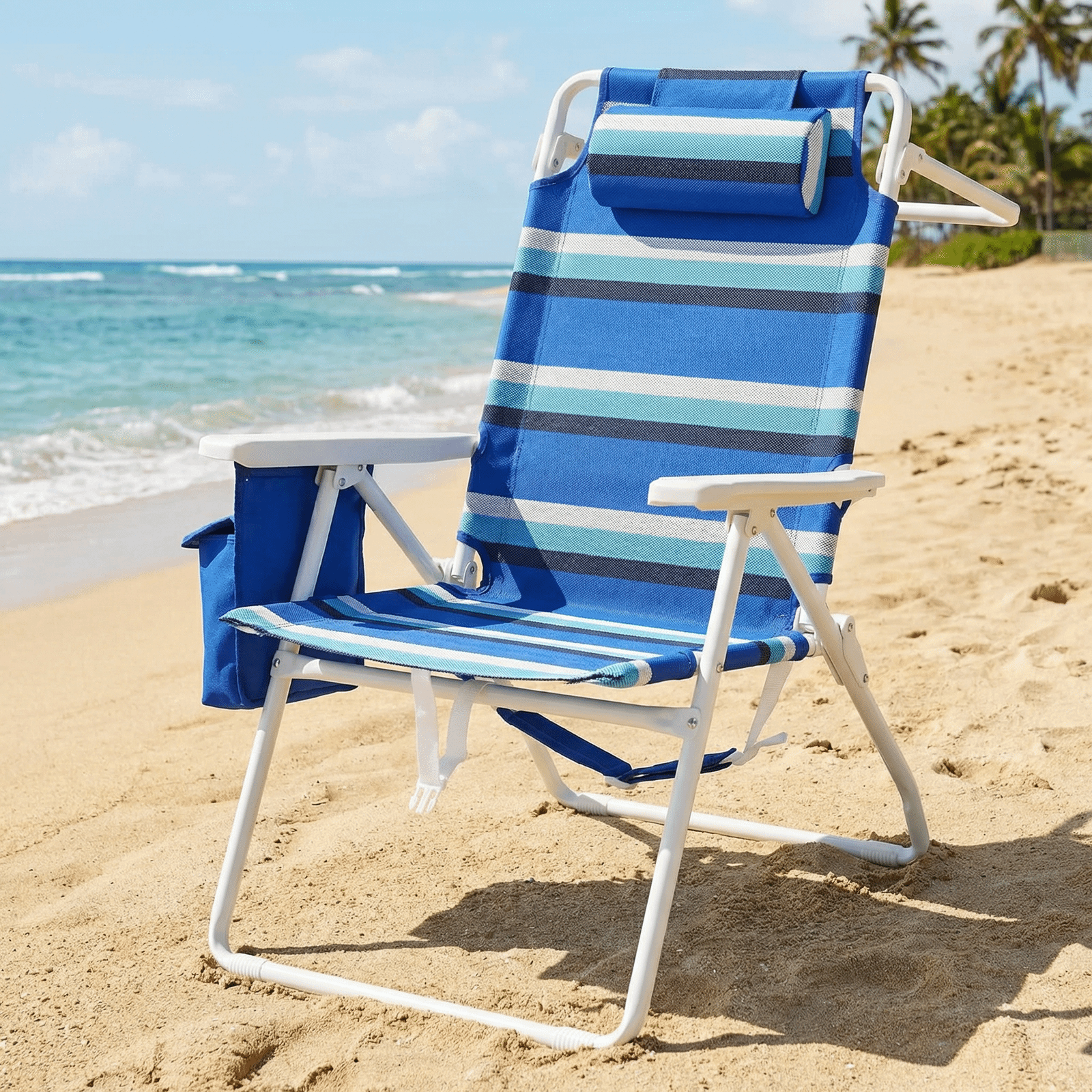 TLSUNNY Backpack Beach Chair Set of 1/2, Outdoor 5-Level Adjustable Folding Chair, w/ Cup Holder, Headrest, Storage Bag, Cooler Pouch, for Camping