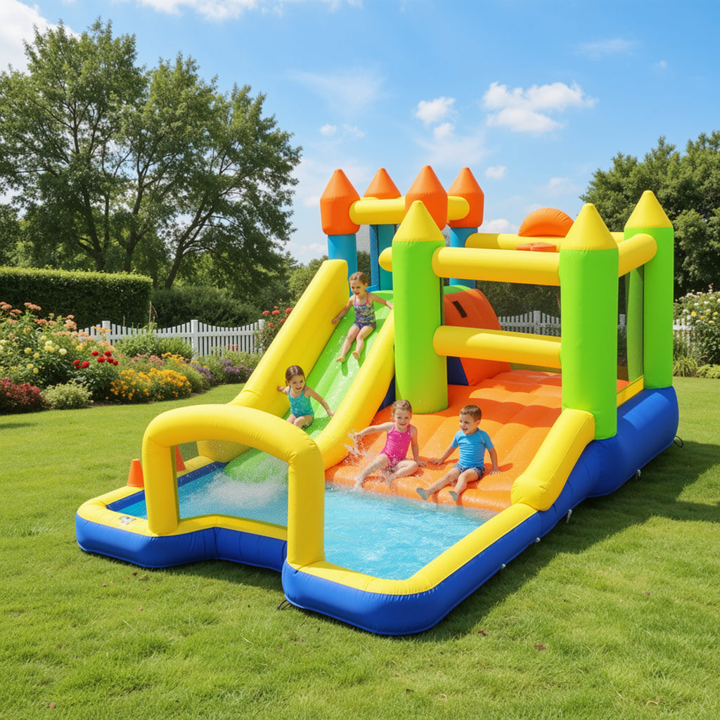 TLSUNNY Bounce House with Slide, 9 in 1 Inflatable Water Slides for Kids Backyard, w/Climbing Wall, Splash Pool, Soccer Goal, Water Cannon, Bouncy Castle w/Air Blower