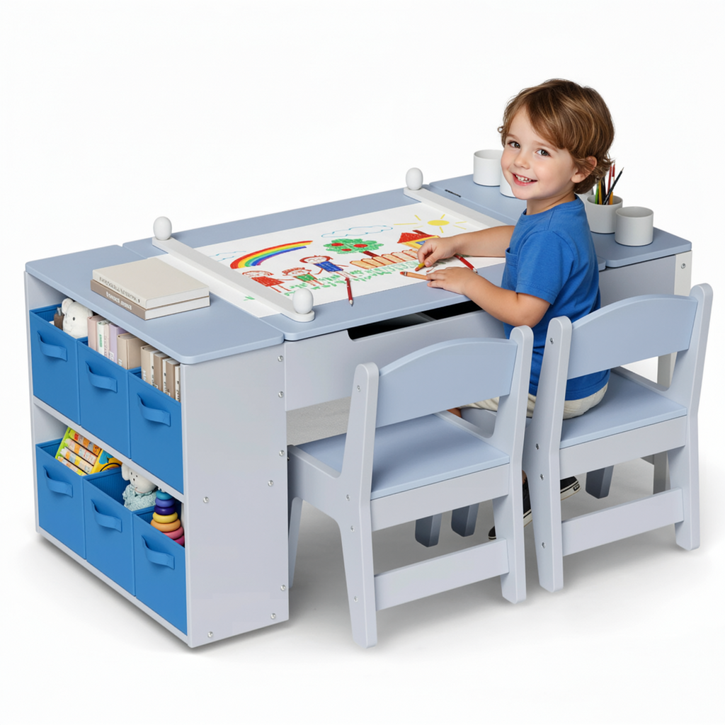 TLSUNNY Kids Art Table and 2 Chairs Set, Toddlers Craft Table Set with Storage Bins, Paint Cups and Paper Roll, Activity Table Set for Age 3+
