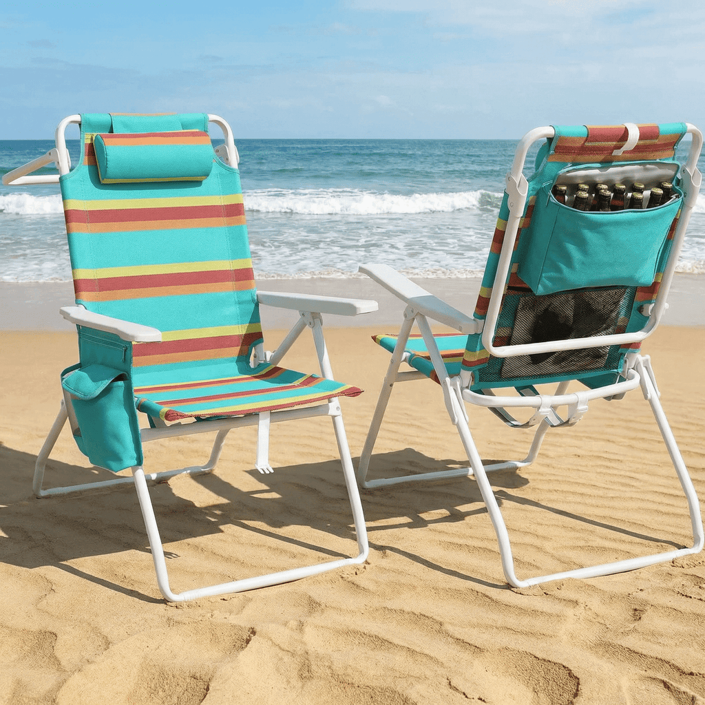 TLSUNNY Backpack Beach Chair Set of 1/2, Outdoor 5-Level Adjustable Folding Chair, w/ Cup Holder, Headrest, Storage Bag, Cooler Pouch, for Camping