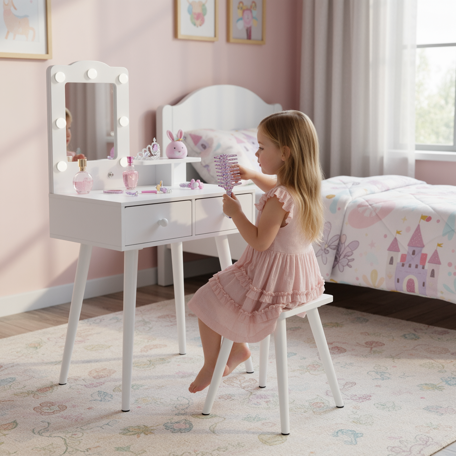 TLSUNNY Toddler Princess Vanity Set with Lights, Wooden Makeup Table and Chair with Mirror and 2 Storage Drawers, Gift for Little Girls