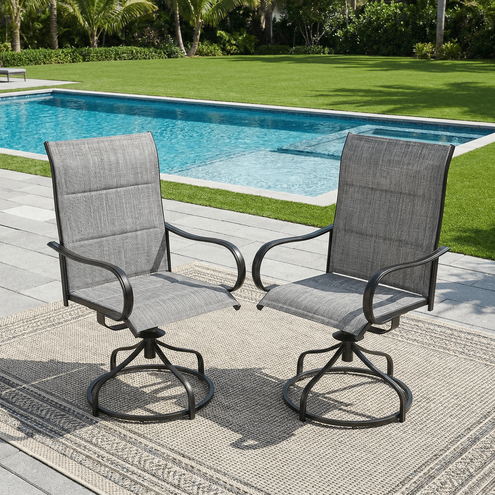 TLSUNNY Patio Swivel Padded Chairs Set of 2, Outdoor Dining Chairs High Back with All Weather Breathable Textilene, Metal Rocking Frame for Backyard Lawn Garden