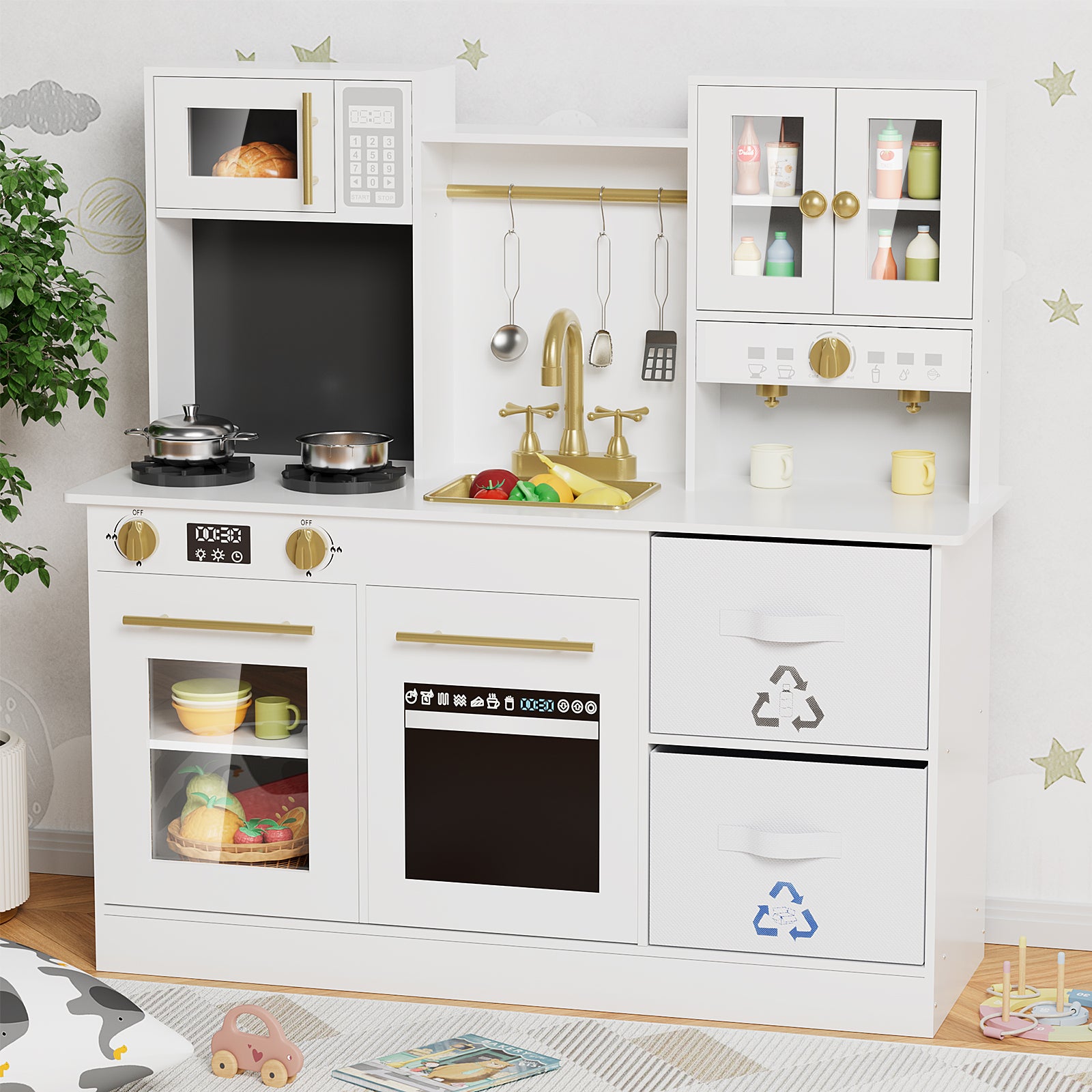 TLSUNNY Kids Play Kitchen, Wooden Pretend Cooking Play Toy Set with Cookware Accessories, Sink, Microwave and Realistic Light & Sounds, Gifts for Age 3+