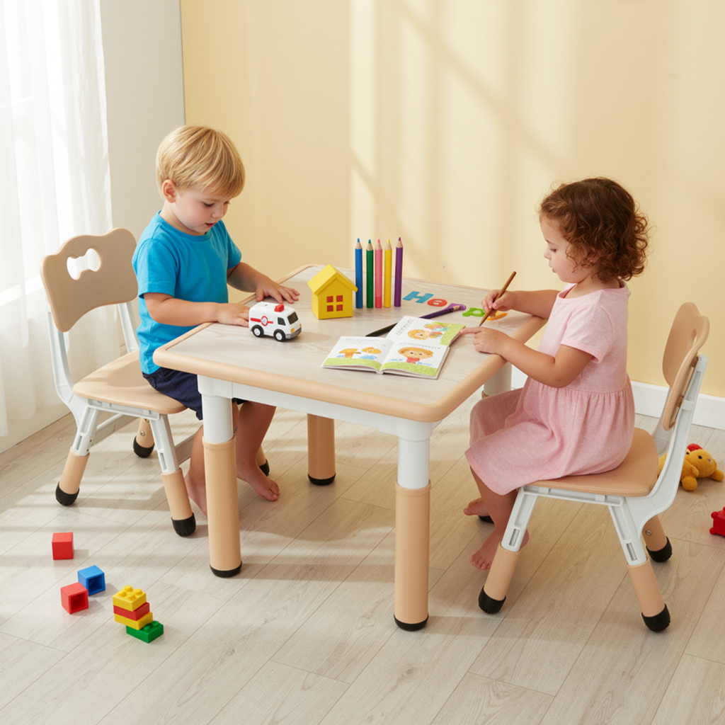 TLSUNNY Kids Table and 2 Chairs Set, Height Adjustable Toddler Play Activity Table Set with Graffiti Desktop, for Playroom, Daycare