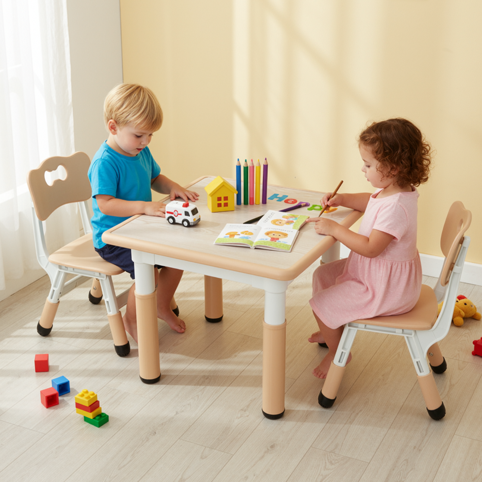 TLSUNNY Kids Table and 2 Chairs Set, Height Adjustable Toddler Play Activity Table Set with Graffiti Desktop, for Playroom, Daycare