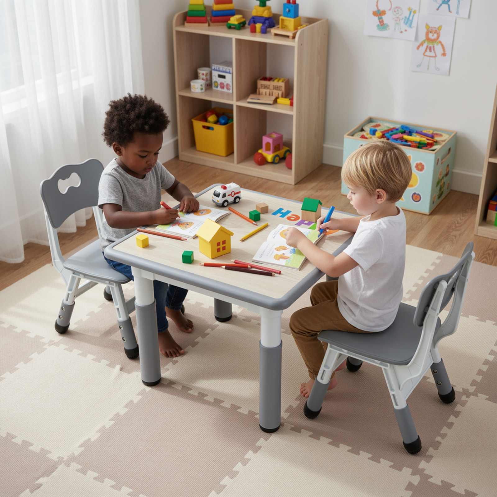 TLSUNNY Kids Table and 2 Chairs Set, Height Adjustable Toddler Play Activity Table Set with Graffiti Desktop, for Playroom, Daycare
