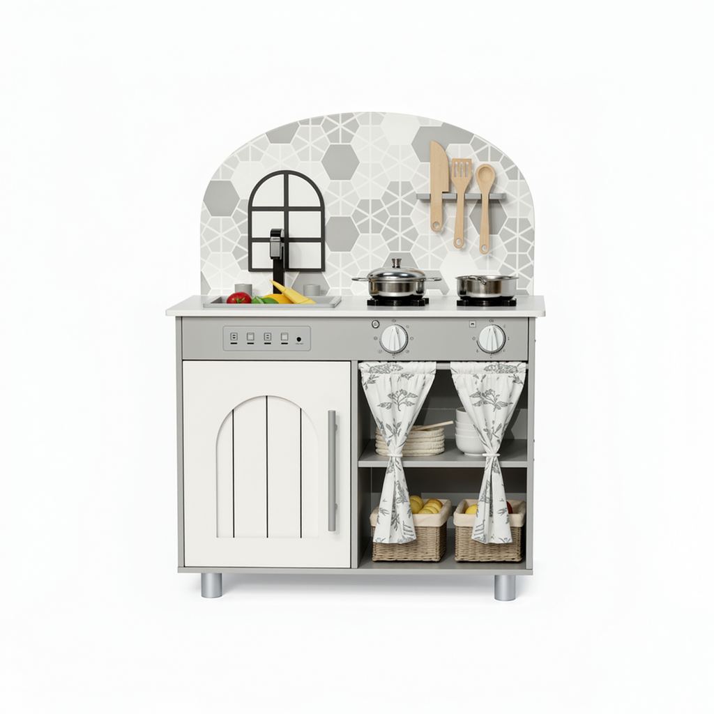 TLSUNNY Kids Play Kitchen, Wooden Kitchen Playset with Sink, Stove, Cooking Accessories, Educational Gift for Ages 3+