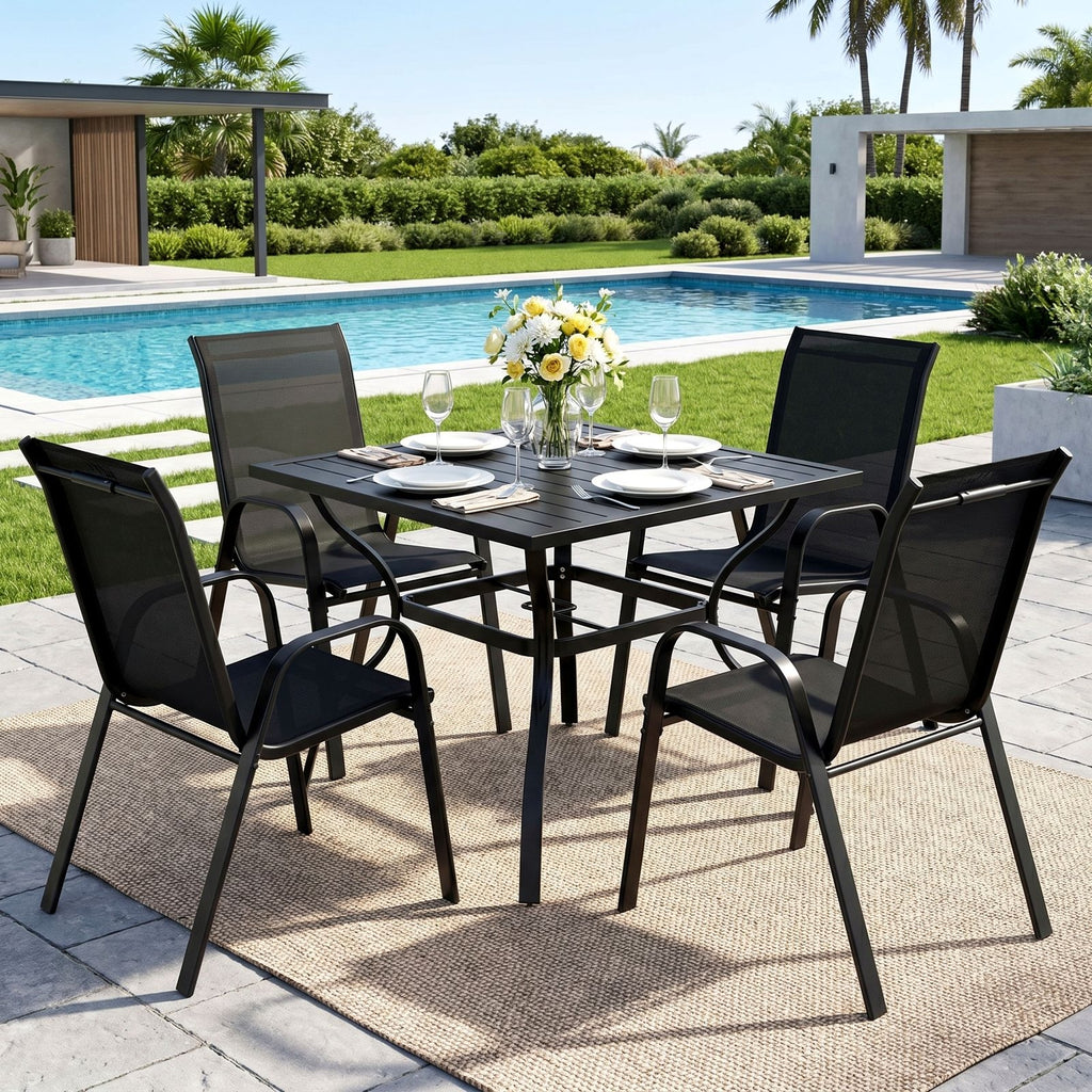 TLSUNNY 5-Piece Outdoor Patio Dining Set, W/ Metal Iron Square Table & Textilene Chairs for 4-Person