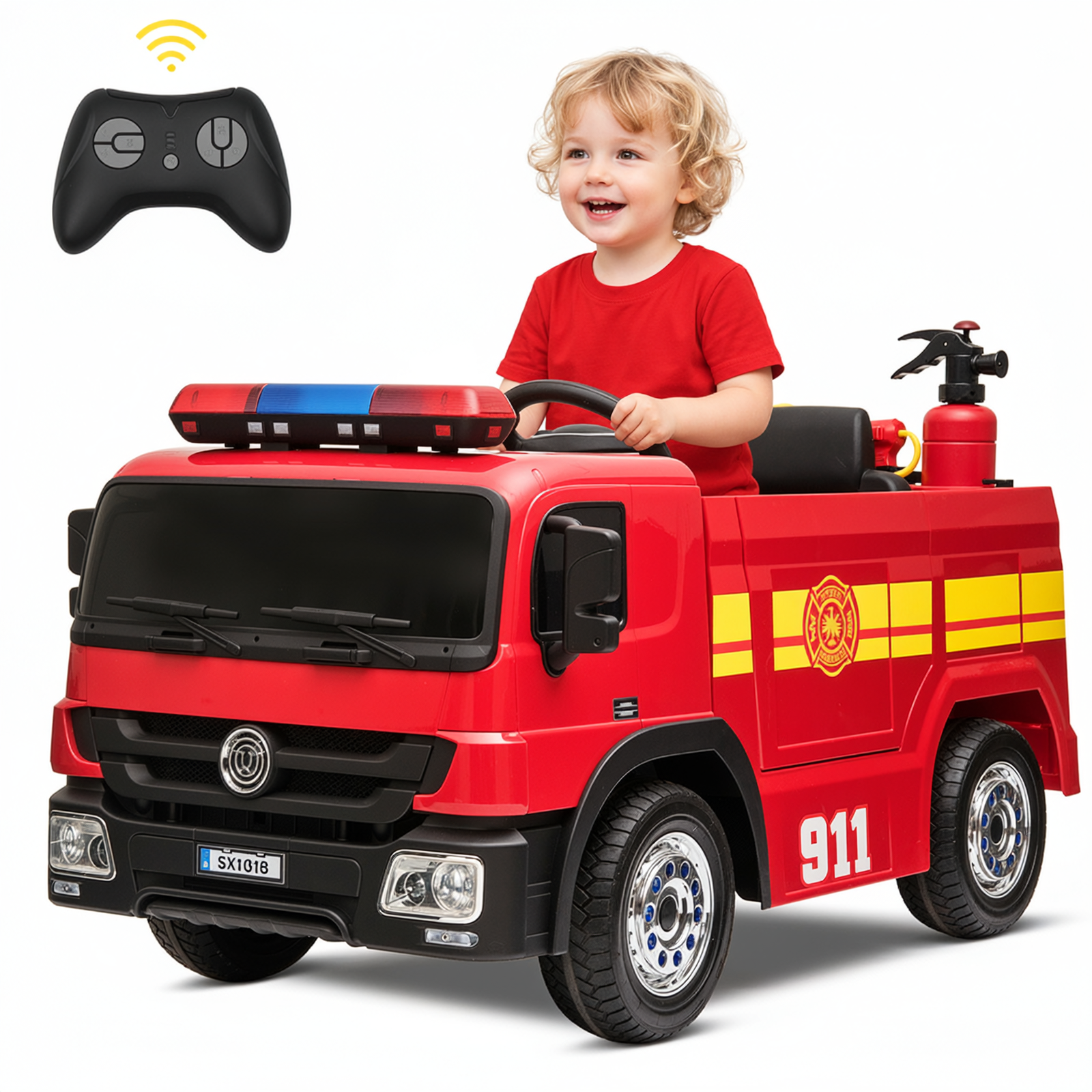 TLSUNNY 12V Ride on Fire Truck, w/Parent Remote Control,  Siren-Call, Flashing Lights, Fire Extinguishers, for Kids Age 3+