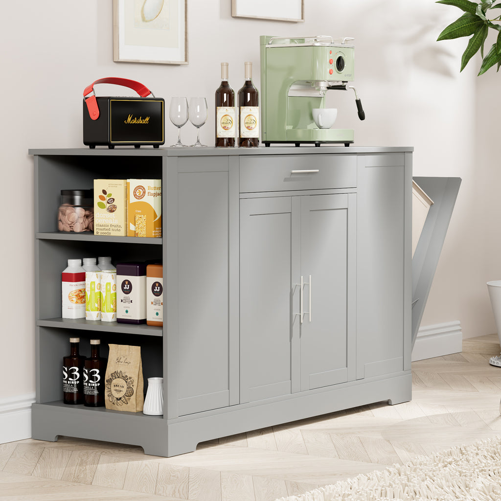 TLSUNNY 53" Kitchen Island w/ 13 Gal Trash Can Storage Cabinet, Portable Kitchen Island, Open Side Shelves and Drawer