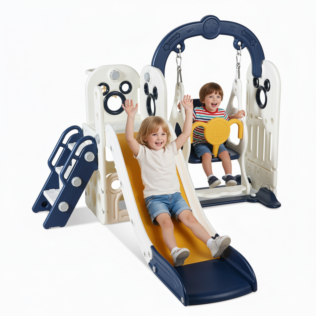 TLSUNNY 5-in-1 Kids Slide and Swing Set, Toddlers Slide & Climber with Basketball Hoop and Storage, for Indoor, Outdoor, Playground,Backyard