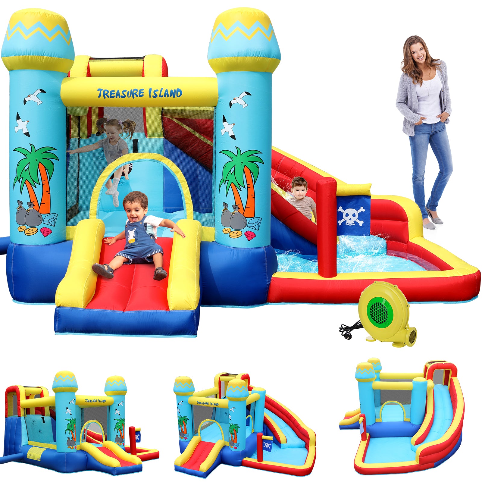 TLSUNNY Inflatable Bounce House for Kids, with Slide & Splash Pool, Summer Backyard Activity