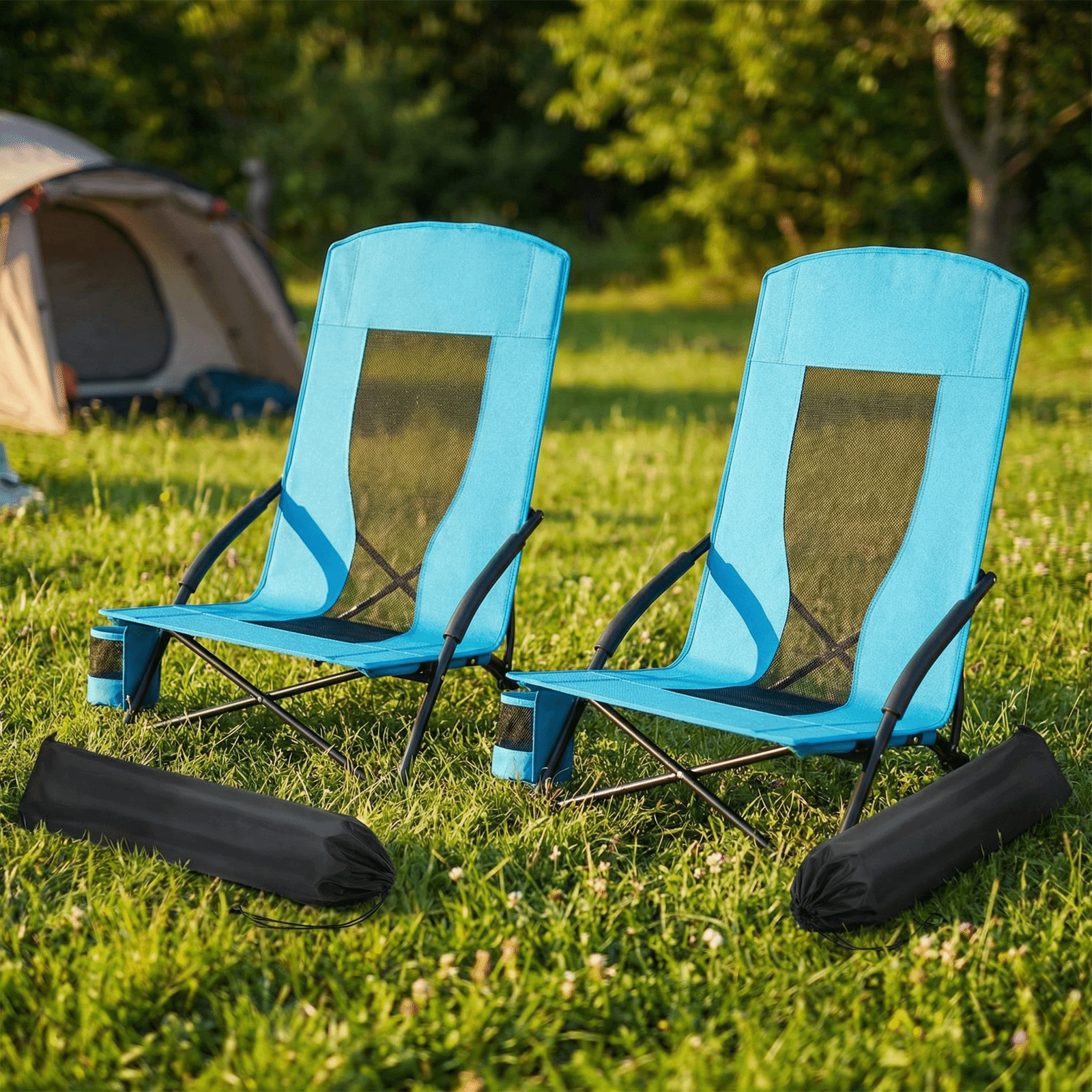 TLSUNNY Folding Backpack Beach Chair Set of 2 for Adults, Compact Lightweight Camping Chairs W/ Carry Bag Cup Holder, Outdoor Reclining Low-Profile Travel Chair, 350LBS