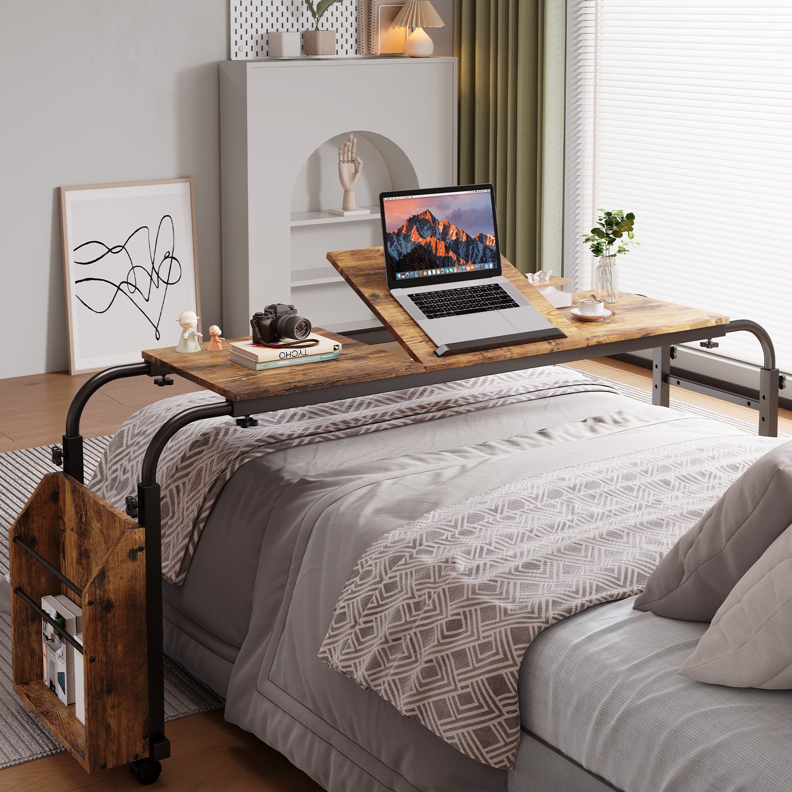TLSUNNY Adjustable Overbed Table with Wheels, Height & Length Adjustable Laptop Cart w/ Tilt Stand, Side Storage Basket for King/Queen Beds