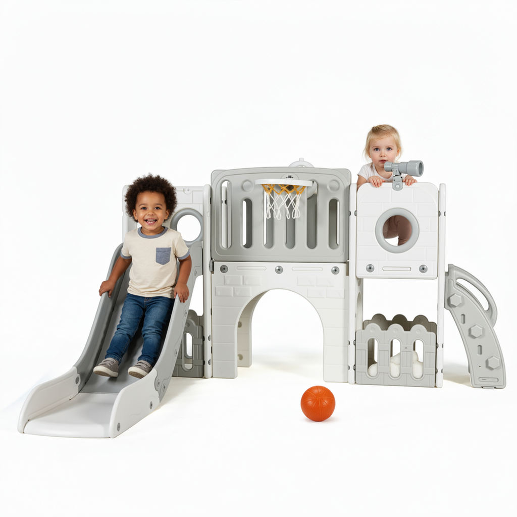 TLSUNNY 9-in-1 Kids Slide & Climber Set, with Basketball Hoop, Telescope & Tunnel, Indoor Outdoor Toddler Playset