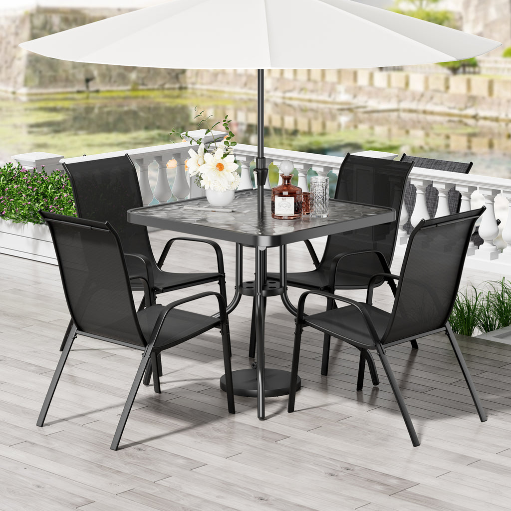 TLSUNNY Outdoor Dining Set of 5, Square Glass Top Table with Umbrella Hole and 4 Stackable Textilene Chairs, for Patio, Backyard, Porch, Lawn Use
