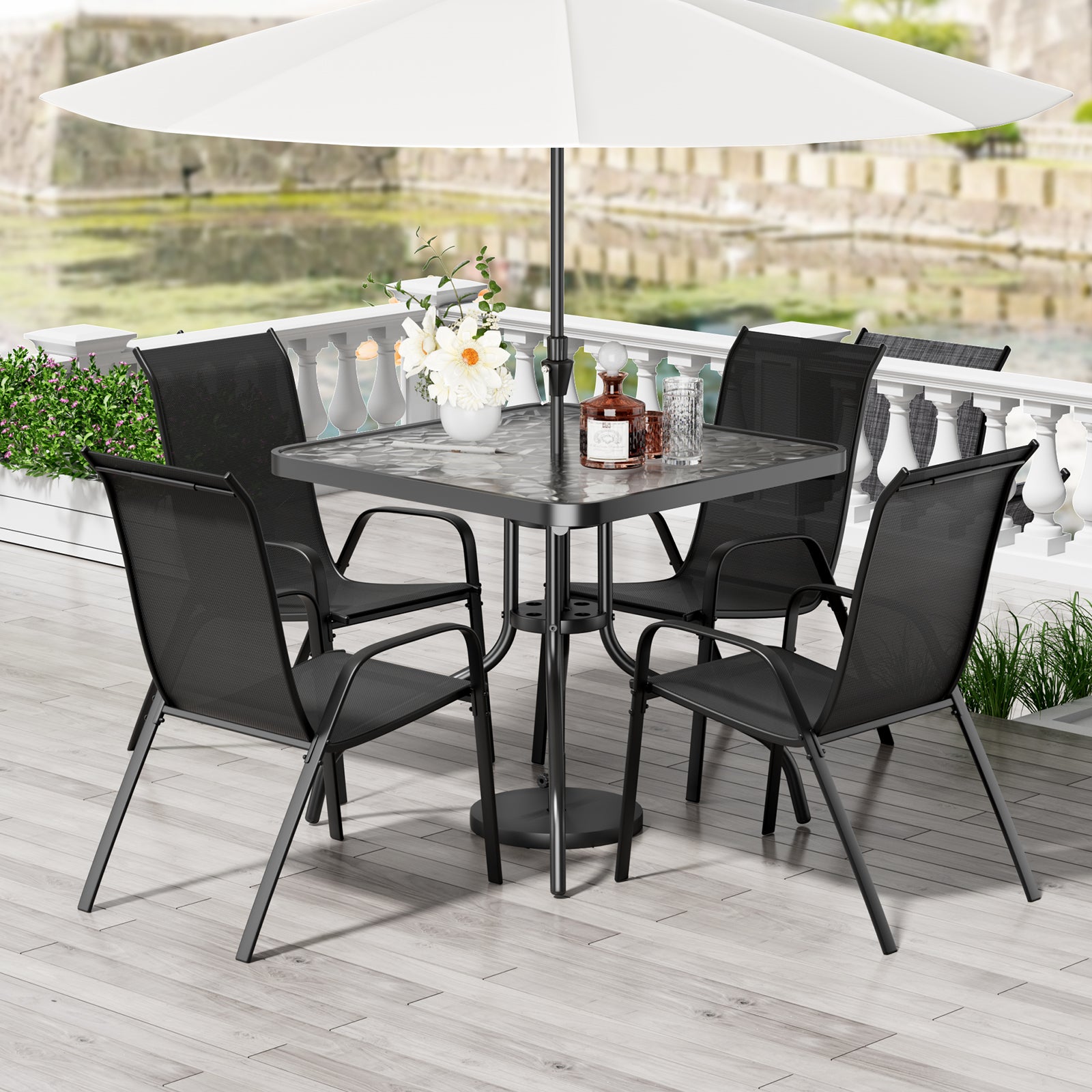 TLSUNNY Outdoor Dining Set of 5, Square Glass Top Table with Umbrella Hole and 4 Stackable Textilene Chairs, for Patio, Backyard, Porch, Lawn Use