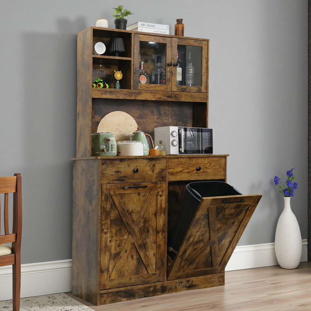 TLSUNNY Double Tilt-Out Trash Cabinet, Freestanding Hidden Garbage Storage w/ Drawers & Shelves for Kitchen/Laundry Room