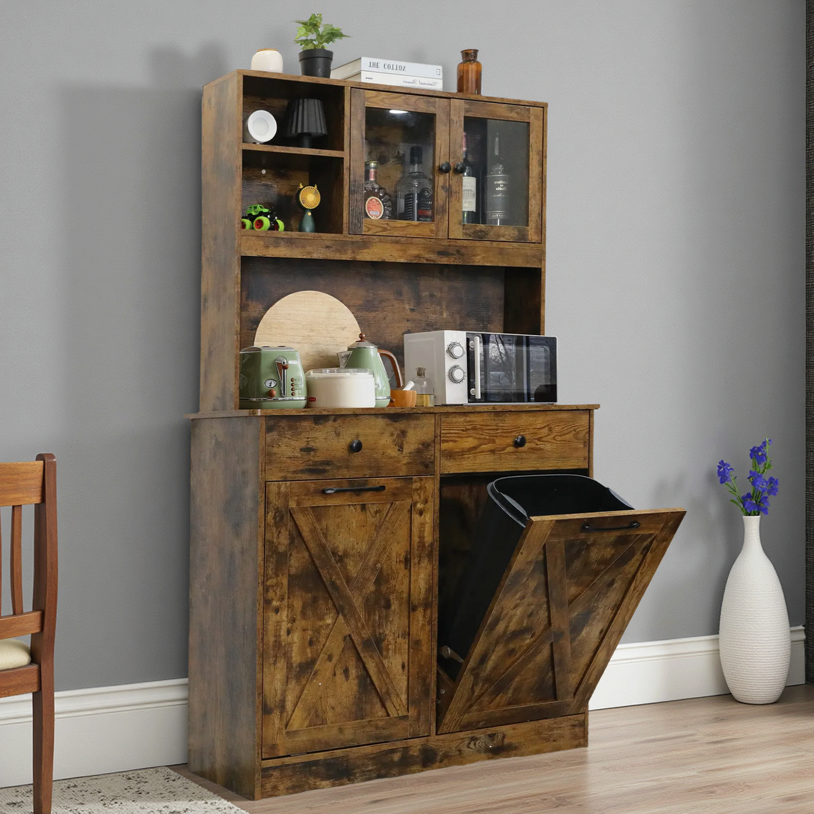 TLSUNNY Double Tilt-Out Trash Cabinet, Freestanding Hidden Garbage Storage w/ Drawers & Shelves for Kitchen/Laundry Room