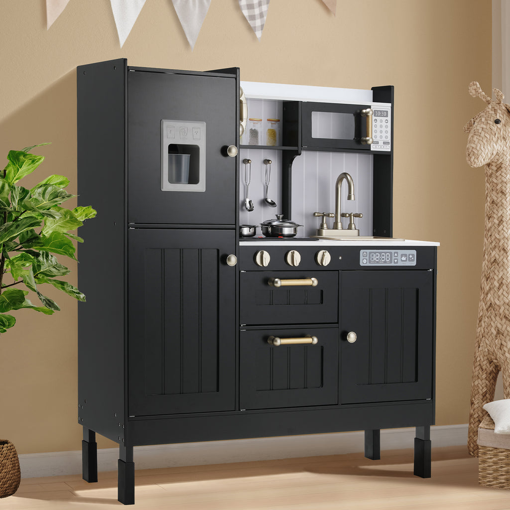 TLSUNNY Kids Play Kitchen, Wooden Kitchen Playset w/ Realistic Light & Sound and Cooking Accessories