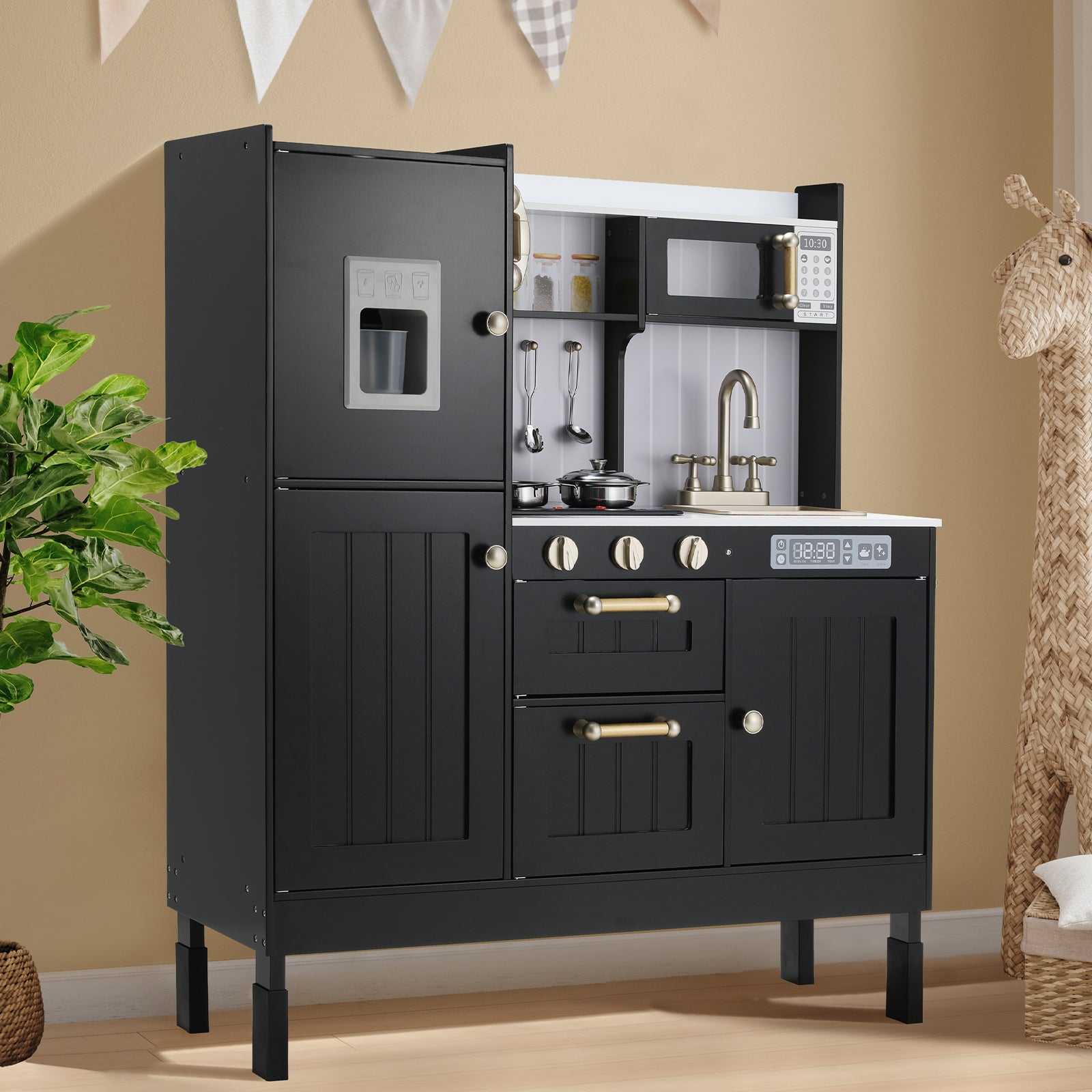TLSUNNY Kids Play Kitchen, Wooden Kitchen Playset w/ Realistic Light & Sound and Cooking Accessories