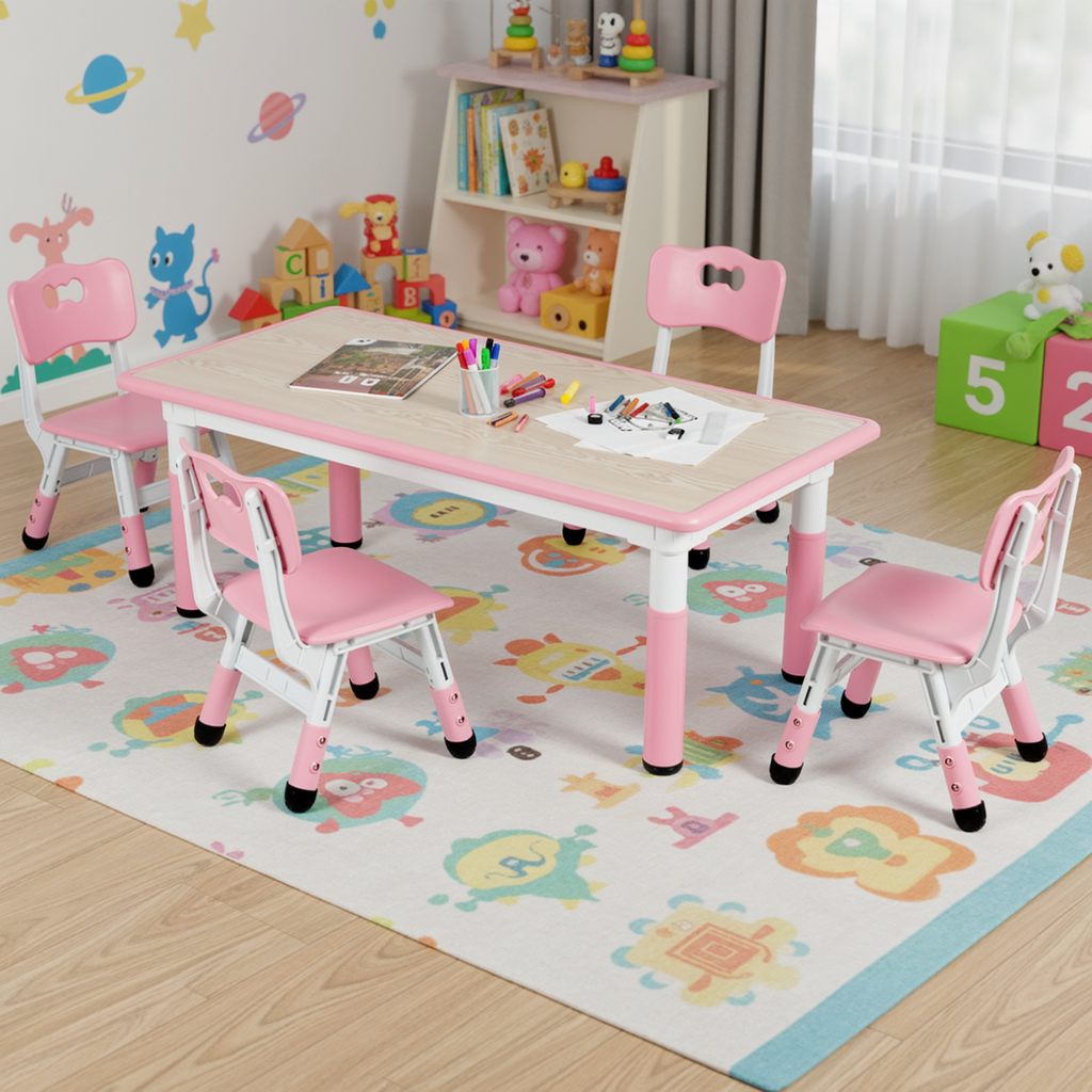 TLSUNNY Kids Table and 4 Chairs, Adjustable Height Childrens Activity Set with Graffiti Desktop & Anti-Slip Legs, for Daycare Classroom Home