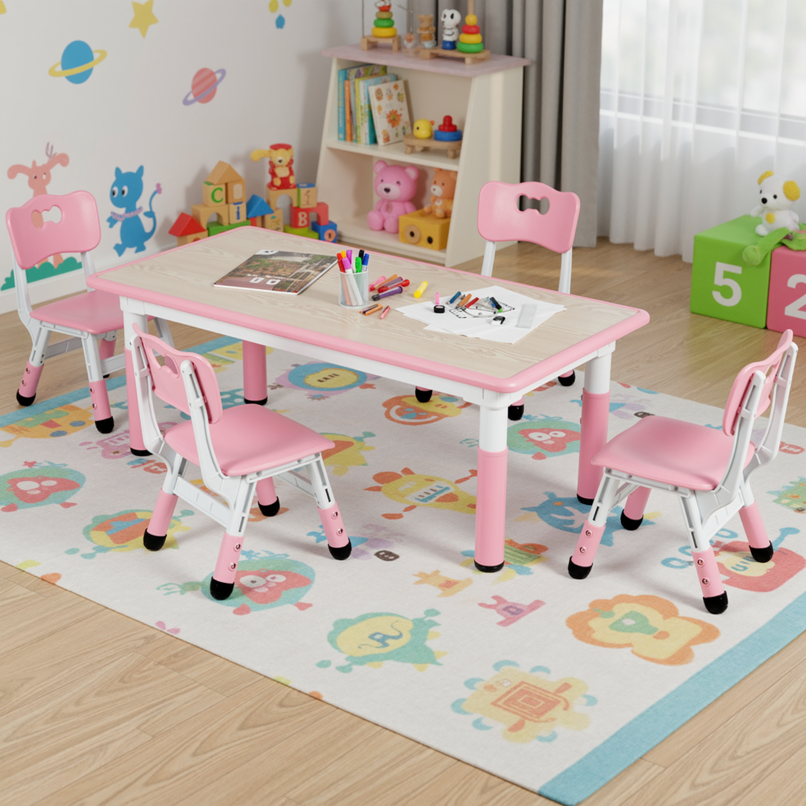 TLSUNNY Kids Table and 4 Chairs, Adjustable Height Childrens Activity Set with Graffiti Desktop & Anti-Slip Legs, for Daycare Classroom Home