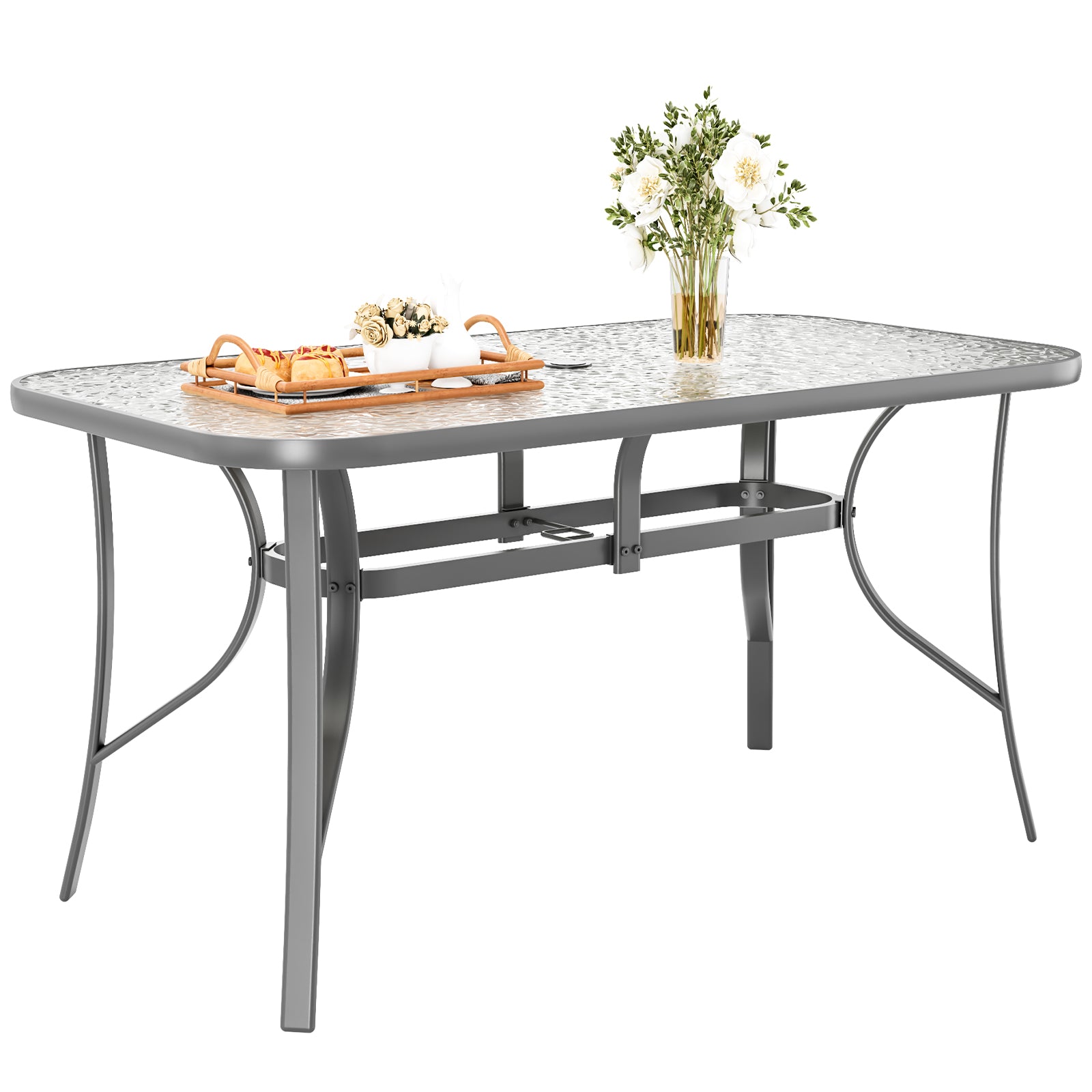 TLSUNNY Outdoor Dining Table with Umbrella Hole, Rectangular Glass Patio Table, Outdoor Metal Furniture for Outside, Garden, Balcony, Black