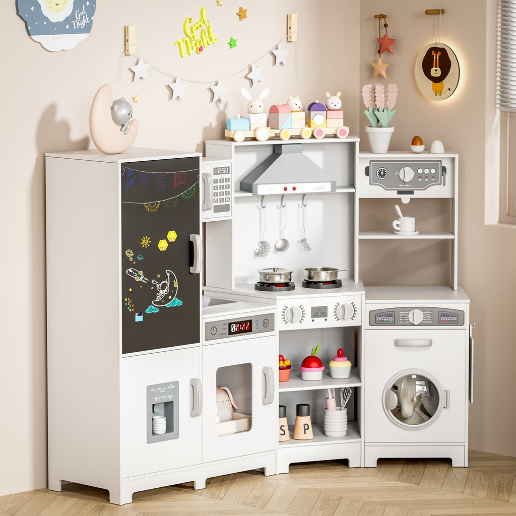 TLSUNNY Toddler Wooden Play Kitchen, with Chalk Board, Washer Dryer, Stove Sound & Range Hood, Cookware for Kids Ages 3+