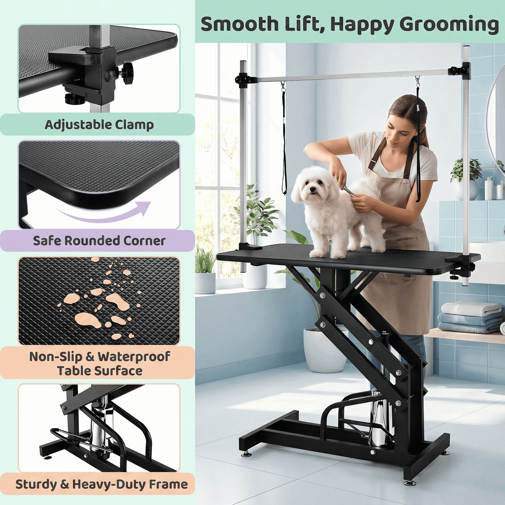 TLSUNNY 42.4'' Hydraulic Pet Dog Grooming Table for Dogs & Cats, 21"- 35" Height Adjustable Heavy Duty, Adjustable Overhead Arm & Noose, Non-Slip Top, 350 LBS