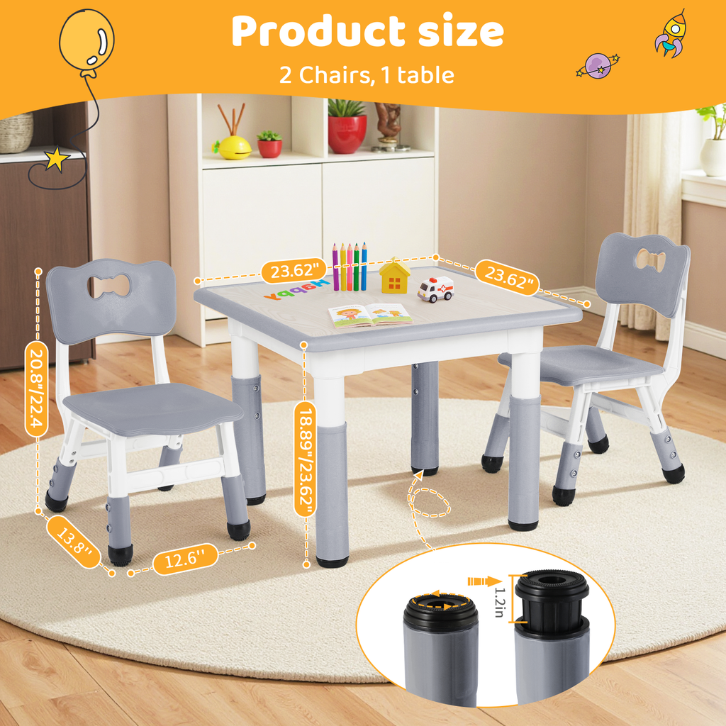 TLSUNNY Kids Table and 2 Chairs Set, Height Adjustable Toddler Play Activity Table Set with Graffiti Desktop, for Playroom, Daycare