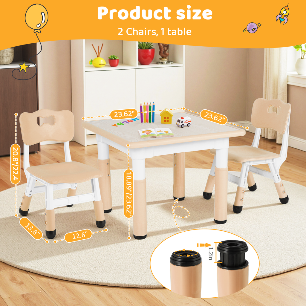TLSUNNY Kids Table and 2 Chairs Set, Height Adjustable Toddler Play Activity Table Set with Graffiti Desktop, for Playroom, Daycare