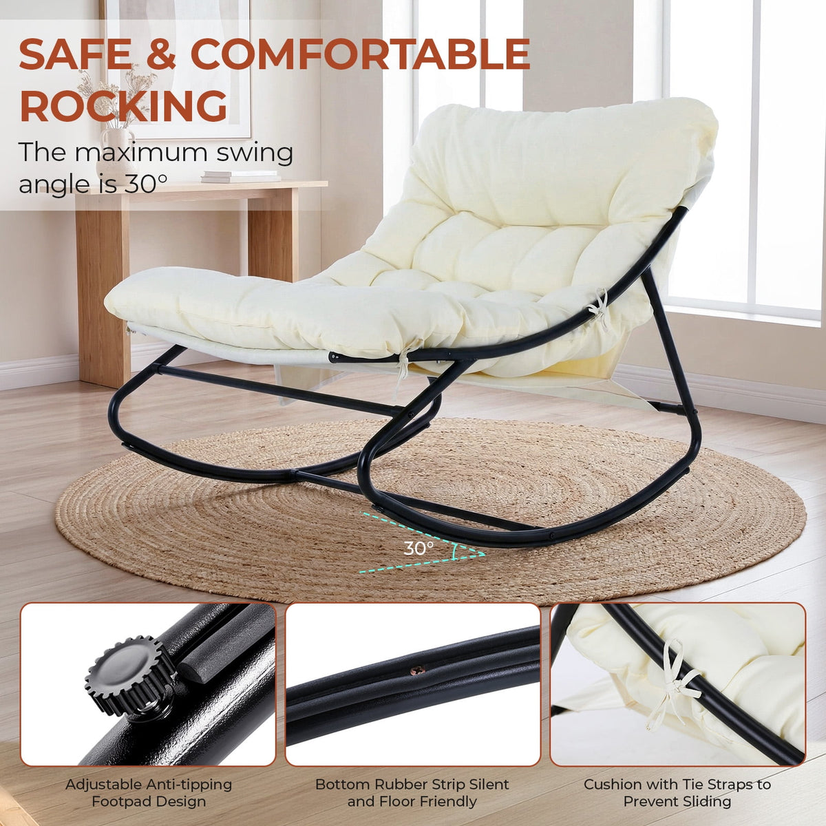 TLSUNNY Indoor Rocking Chair, Accent Rocker Chair with Solid Metal Frame, Side Pocket, Papasan Rocker Lounge Chair for Living Room/Bedroom/Reading Nook