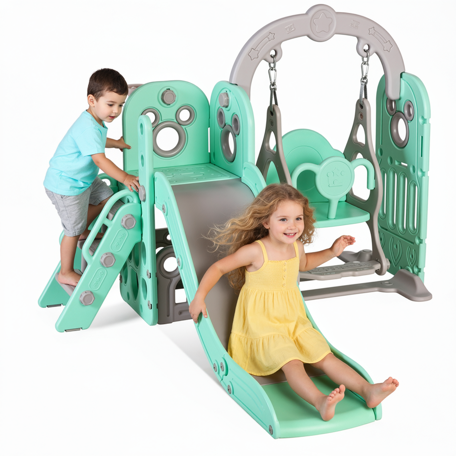 TLSUNNY 5-in-1 Kids Slide and Swing Set, Toddlers Slide & Climber with Basketball Hoop and Storage, for Indoor, Outdoor, Playground,Backyard