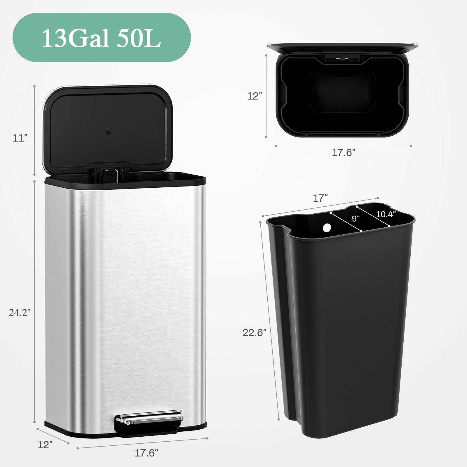 TLSUNNY 30/50L Square Step-On Trash Can, 8/13.2 Gal Fingerprint-Proof Stainless Steel Garbage Bin for Kitchen/Office