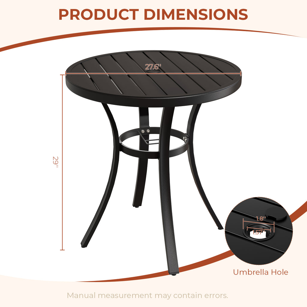 TLSUNNY Outdoor Patio Round Dining Table, with 1.57"-1.8" Adjustable Umbrella Hole & Foot Pads, Metal Frame & E-Coating, for Balcony, Poolside, Deck